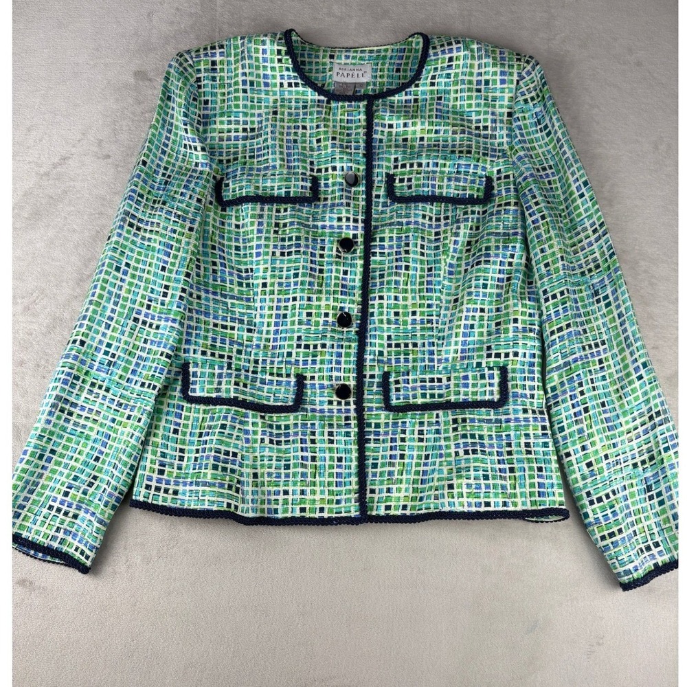 Adrianna Papell Silk Blazer Green Blue Grid Tweed Jacket Navy Trim Size 12